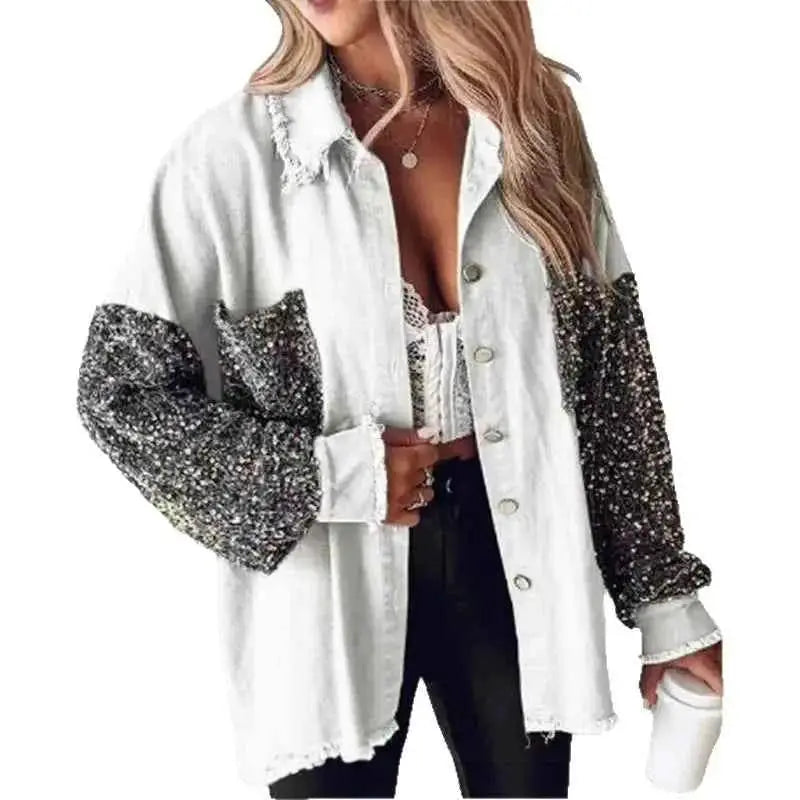 2025 Spring And Autumn Women Loose Casual Denim Shirt Jacket With Sequin Tassels For Everyday Wear