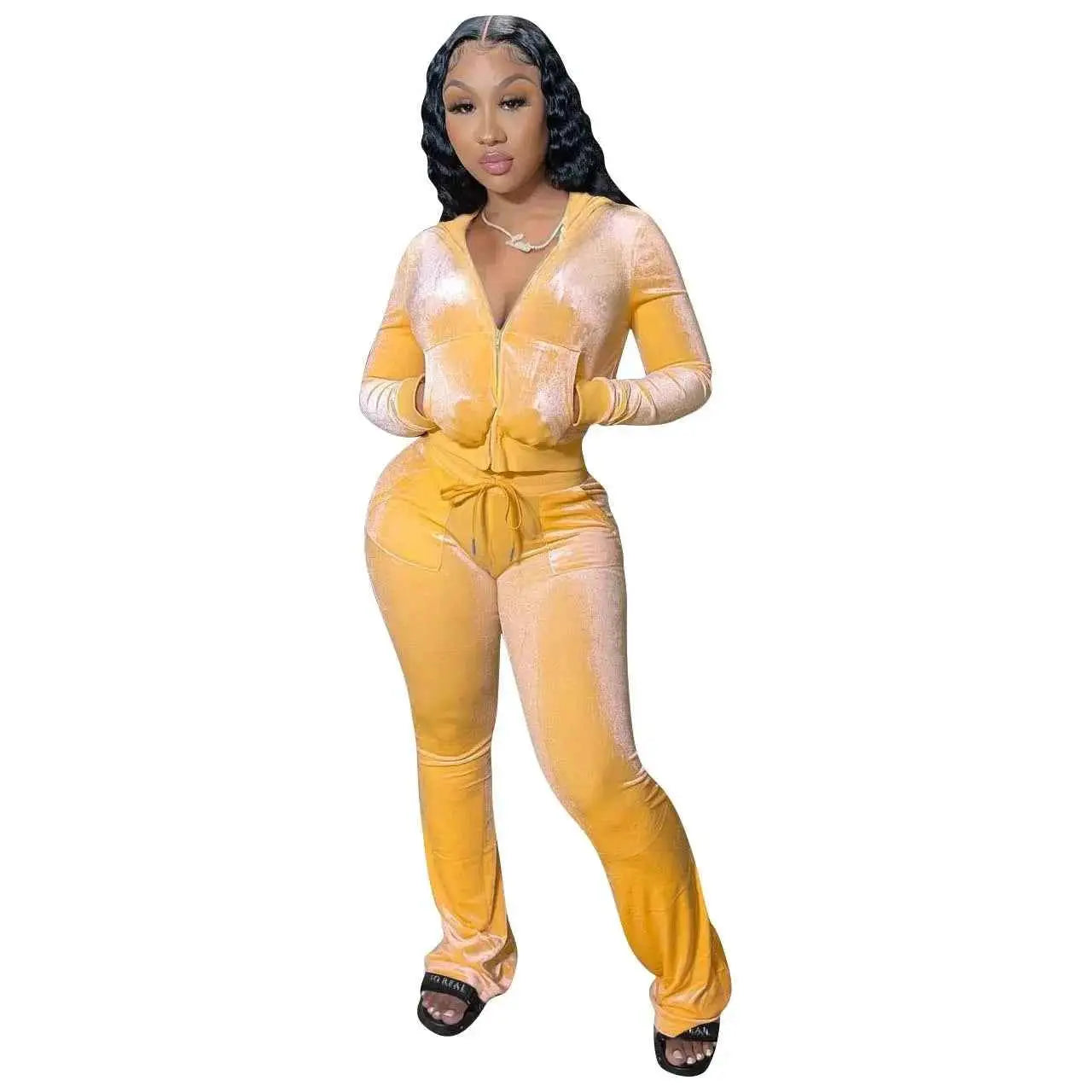 Women Autumn Velour Tracksuit Set Two Piece Zip Up Hooded Jacket Bodycon Flared Pants Jogger Outfit