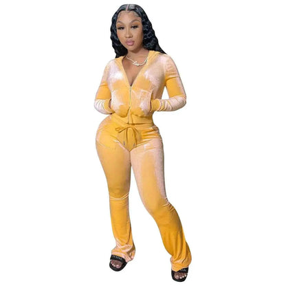 Women Autumn Velour Tracksuit Set Two Piece Zip Up Hooded Jacket Bodycon Flared Pants Jogger Outfit