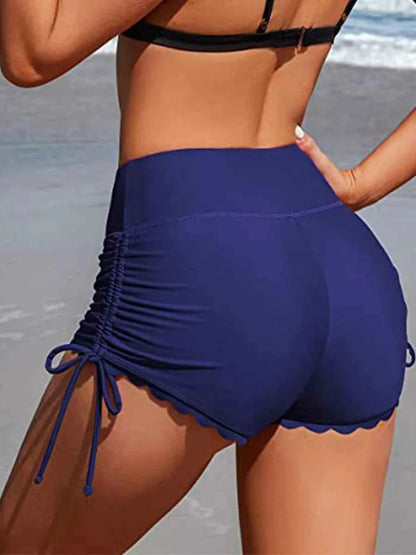 Women Swim Shorts High Waist Drawstring Wavy Hem Solid Beach Trunks For Surfing And Swimming