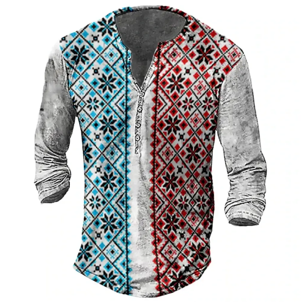 Vintage Style Men's Long Sleeve T Shirt Ethnic Graphic 3D Print Oversized Button Tee