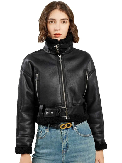 Fitaylor Winter Faux Lambswool Leather Jacket For Women High Street Motorcycle Outerwear Casual Short Coat