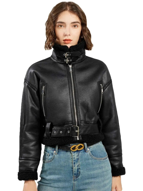 Fitaylor Winter Faux Lambswool Leather Jacket For Women High Street Motorcycle Outerwear Casual Short Coat