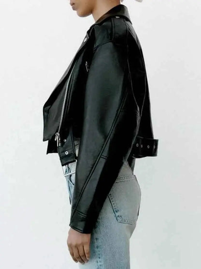 Women Faux PU Leather Short Jacket Belted Motorcycle Style Zipper Lapel Spring Autumn Outwear