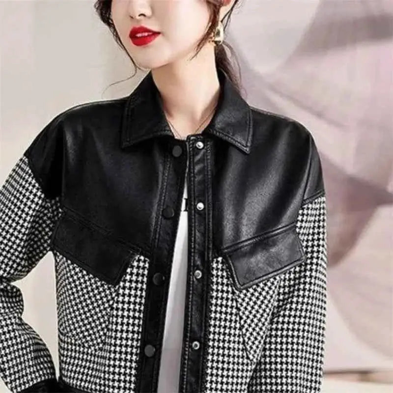 Leather Coat For Women PU Leather Motorcycle Jacket Short Splice Design 2024 Spring Autumn