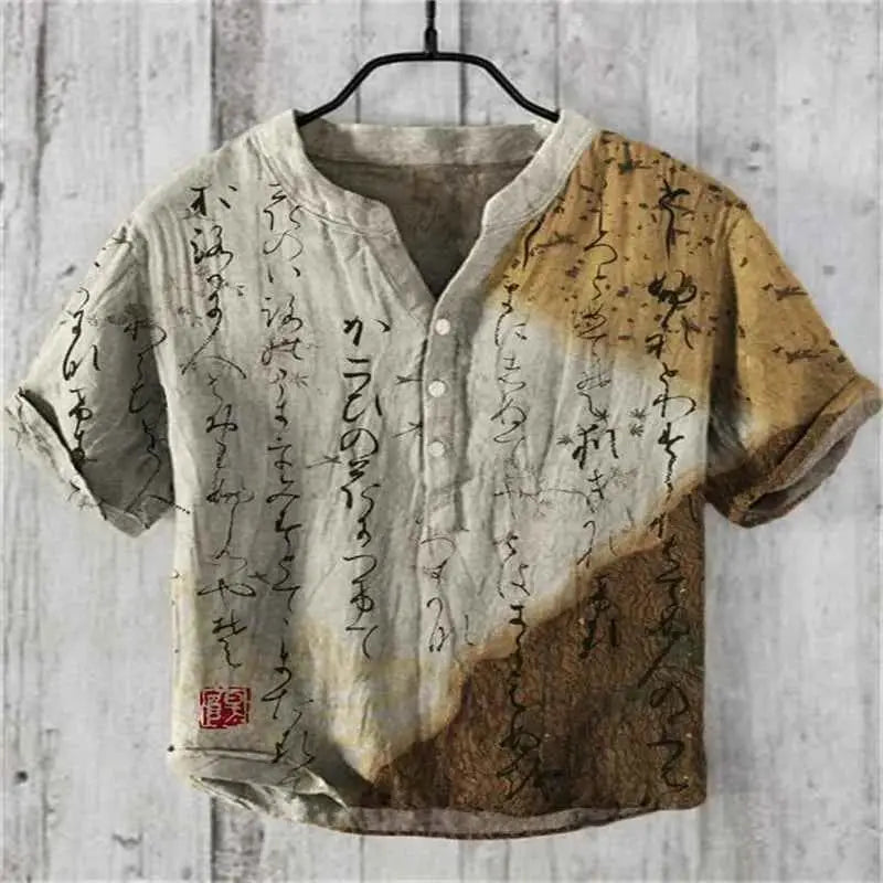 Summer Linen Blend Men's V Neck Short Sleeve T Shirt With The Great Wave Off Kanagawa Print
