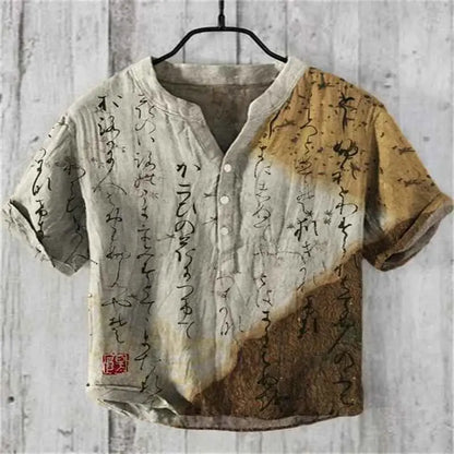 Summer Linen Blend Men's V Neck Short Sleeve T Shirt With The Great Wave Off Kanagawa Print