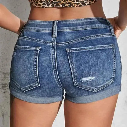 Women's Split Denim Shorts Mid Waist Elastic Perforated Curled Cuff Slim Fit Casual Beachwear