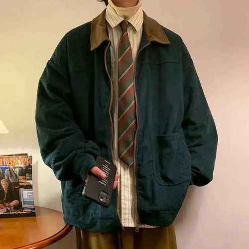 Retro 2025 Autumn Corduroy Bomber Jacket For Men Oversized Patchwork Casual Jacket 5XL