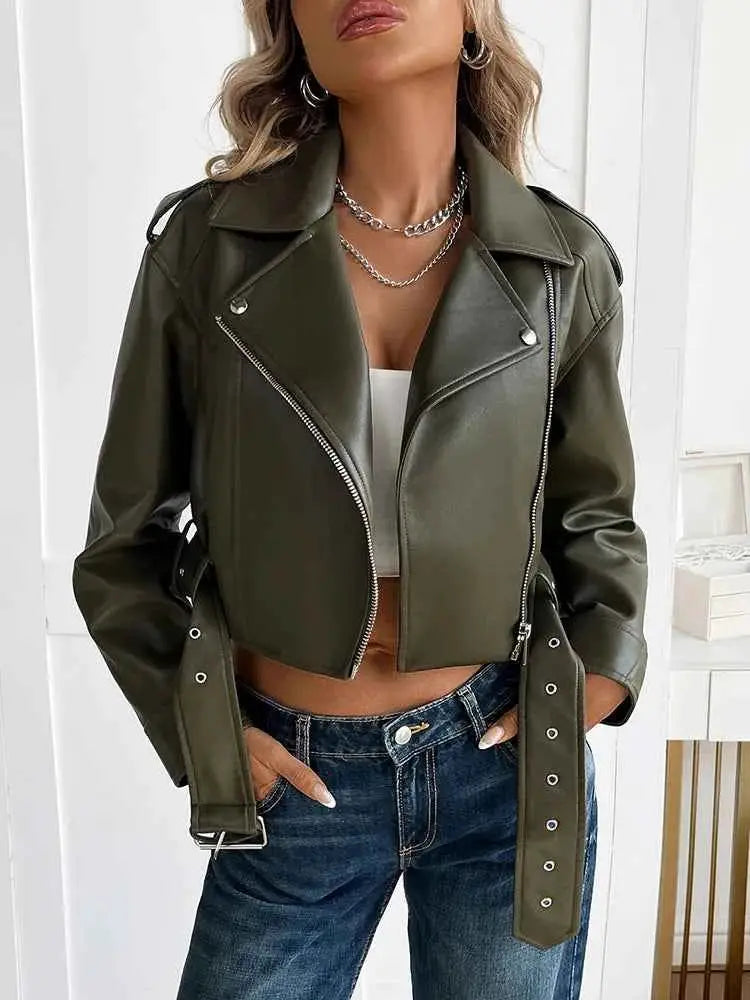 Women Faux PU Leather Short Jacket Belted Motorcycle Style Zipper Lapel Spring Autumn Outwear