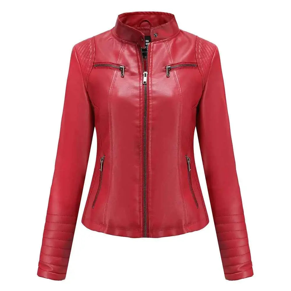 2026 Women's Slim Leather Jacket With Stand Up Collar Zipper Stitching Monochrome PU Coat Fashion Clothing
