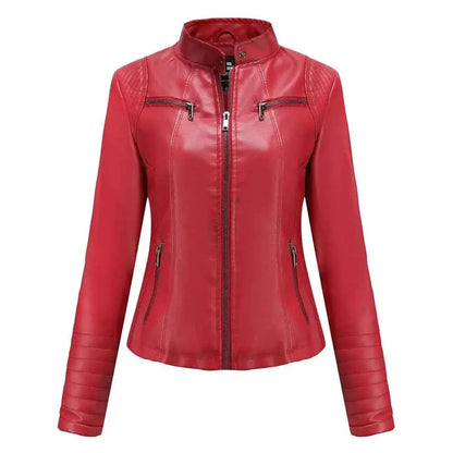 2026 Women's Slim Leather Jacket With Stand Up Collar Zipper Stitching Monochrome PU Coat Fashion Clothing