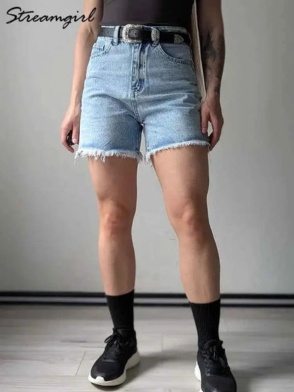 Streamgirl Blue Denim Shorts Women High Waisted Casual Chic Loose Fit Summer 2025 Femme