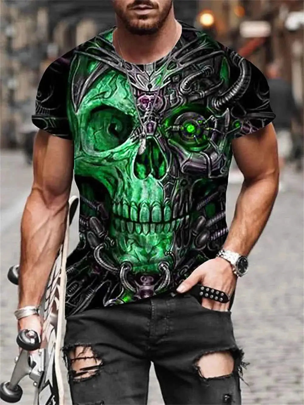 Mens T Shirt For Men Skull Graphic Horror Print Tops Short Sleeve Fashion Casual Oversized Tee Street Clothing