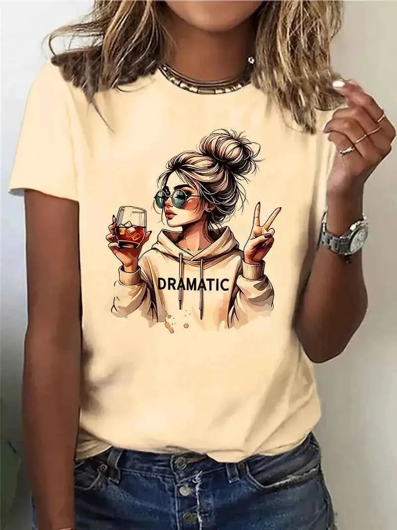 Streetwear 90s Womens Casual Graphic T Shirt Dramatic Wine Print Short Sleeve Top