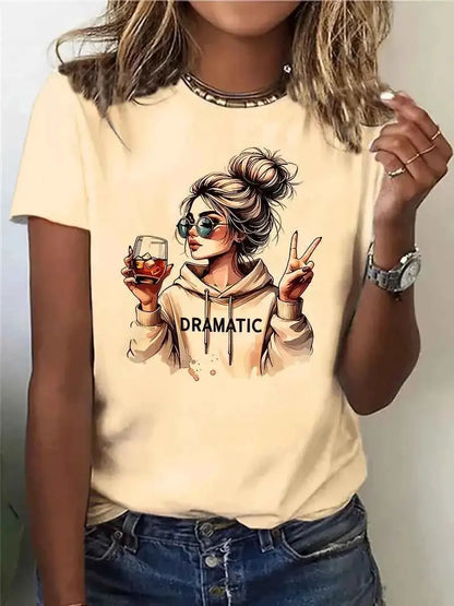 Streetwear 90s Womens Casual Graphic T Shirt Dramatic Wine Print Short Sleeve Top