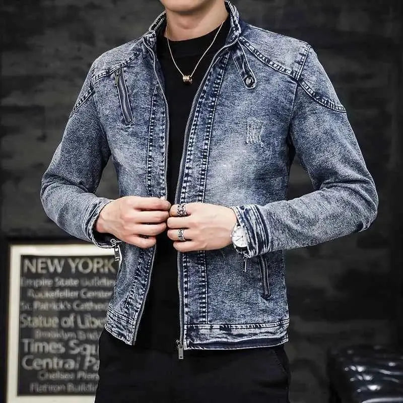 Fashion Spring Casual Velvet Denim Jacket For Men Stand Collar Slim Fit Streetwear Outerwear