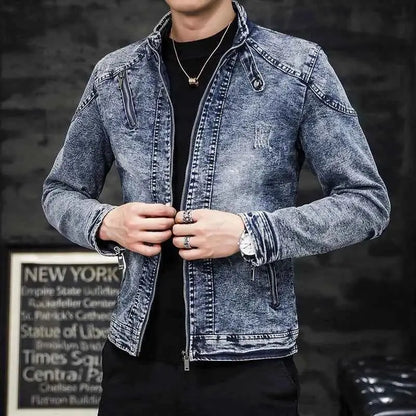 Fashion Spring Casual Velvet Denim Jacket For Men Stand Collar Slim Fit Streetwear Outerwear