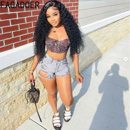 FAGADOER Gray High Waisted Button Denim Shorts For Women Street Style Casual Solid Color Distressed Hole Bottoms 2023