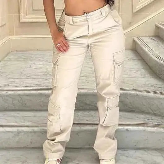 Women Denim Cargo Jeans With Button Pockets Straight Leg Y2K Mid Waist Casual Streetwear Trousers