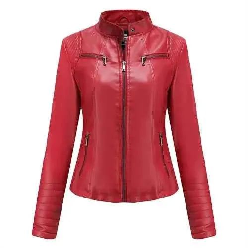2026 Women's Slim Leather Jacket With Stand Up Collar Zipper Stitching Monochrome PU Coat Fashion Clothing