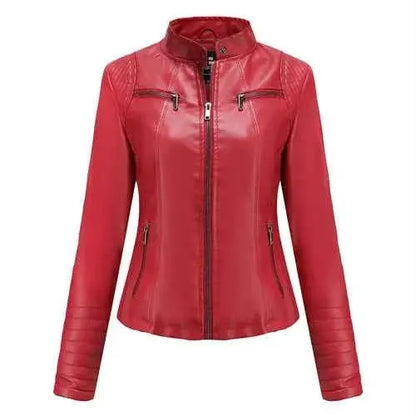 2026 Women's Slim Leather Jacket With Stand Up Collar Zipper Stitching Monochrome PU Coat Fashion Clothing