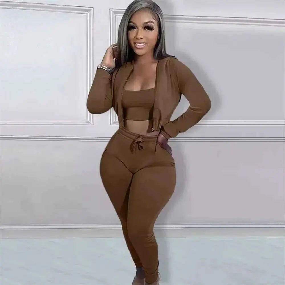 Women Sportswear 3 Piece Hooded Track Jacket Tank Top Jogger Pants Tracksuit Activewear Set