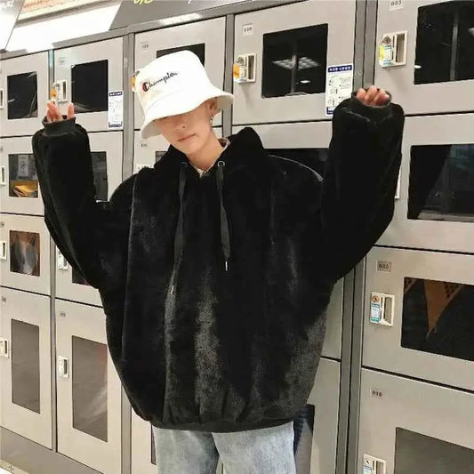 Solid Color Plush Hoodie For Men Y2K Trend Loose Fit Warm Streetwear Harajuku Vintage Pullover Sweatshirt