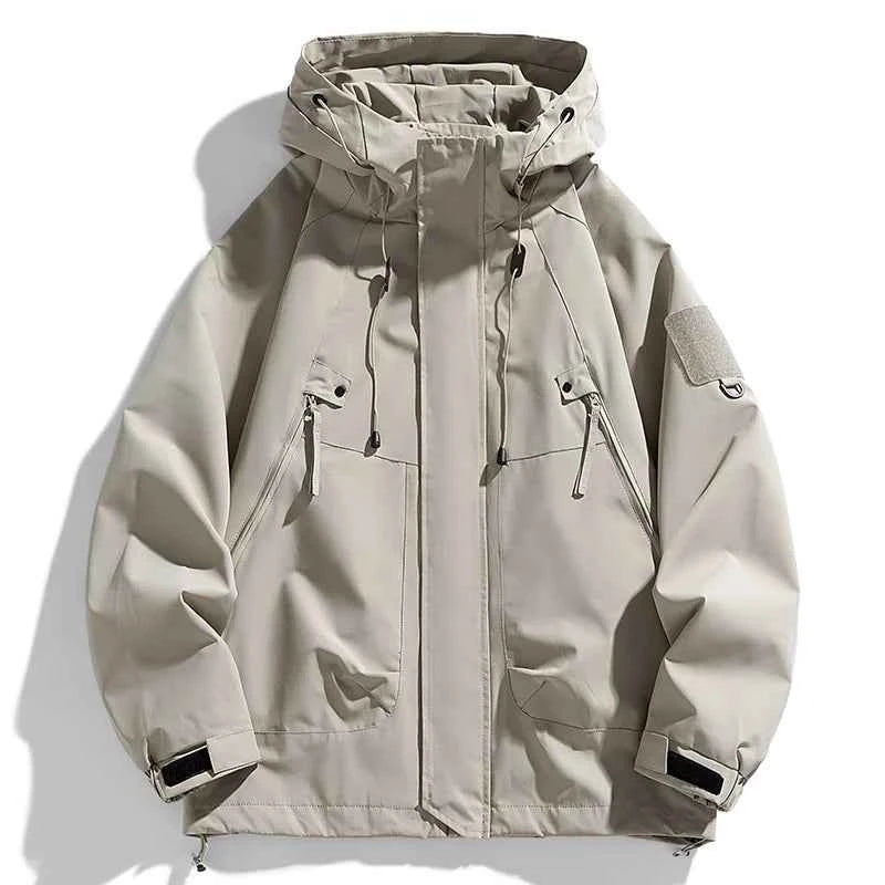 Men's Windbreaker Hooded Jacket Waterproof Softshell Zipper Coat Cargo Pockets Black For Outdoor Hiking Camping