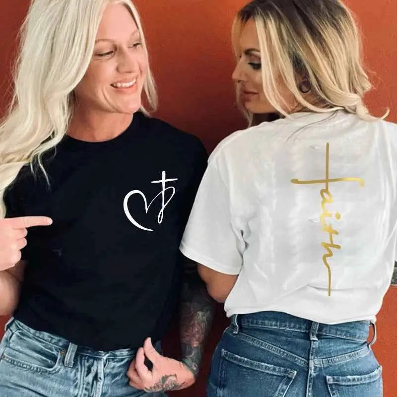 Women's Summer T Shirt Heart Cross Print Faith Jesus Tee Short Sleeve Top Fashion Brand Clothing