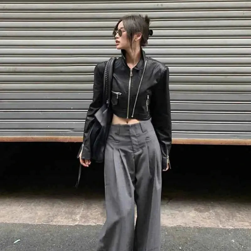 Punk Cropped Black Leather Jacket For Women Zipper Moto Biker Outerwear High Street Irregular Leather Coat New