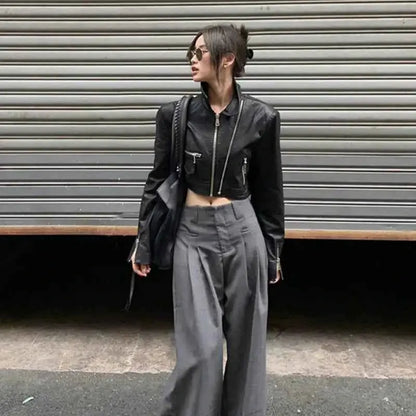Punk Cropped Black Leather Jacket For Women Zipper Moto Biker Outerwear High Street Irregular Leather Coat New