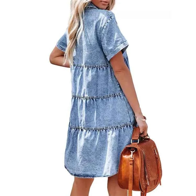 Women Denim Shirt Dress Short Sleeve Turn Down Collar Jean Dress Single Breasted Casual Loose Fit With Ruffled Edge