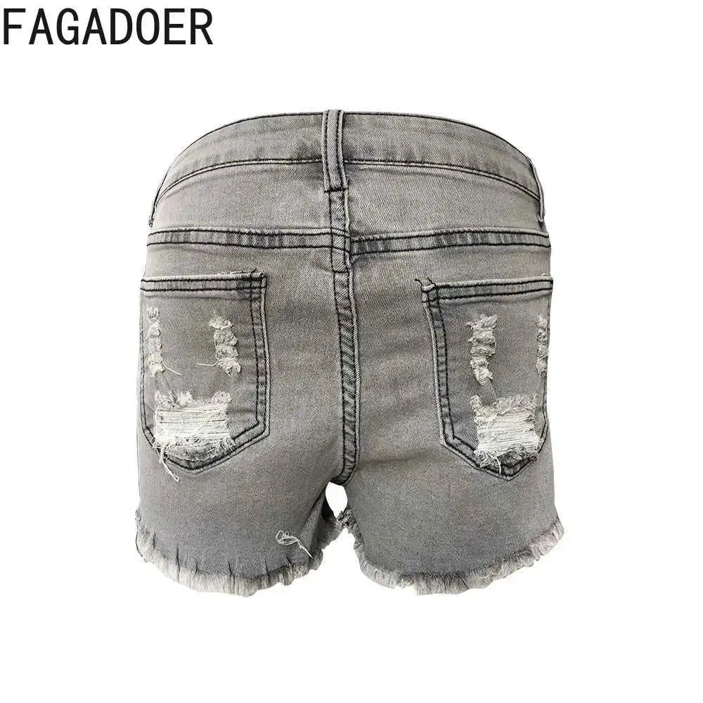 FAGADOER Gray High Waisted Button Denim Shorts For Women Street Style Casual Solid Color Distressed Hole Bottoms 2023