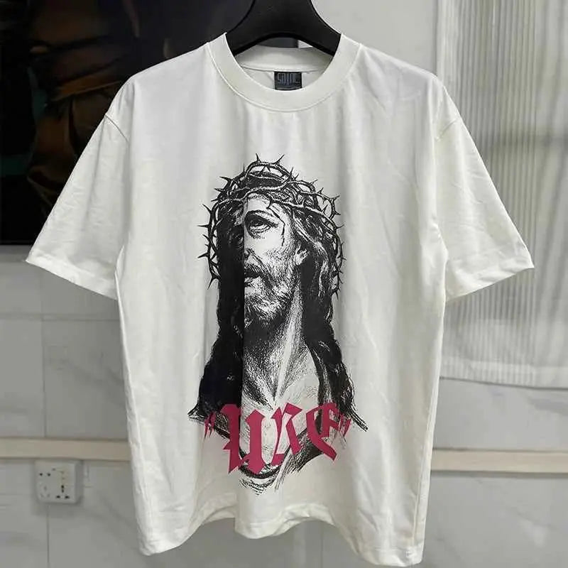 25SS Fingerprint Digital Direct Printing Saint T Shirt Unisex Oversized Vintage Washed Black Tee With Tag