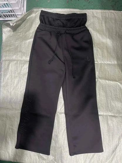 Harajuku Loose Double Waisted Sweatpants Y2K Style Solid Color Letter Embroidery Joggers Hip Hop Drawstring Waist
