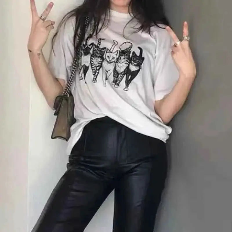 Cat Gang Drawing Womens T Shirt Graphic Tee Soft Cotton Casual Fit For Women TeenStylo