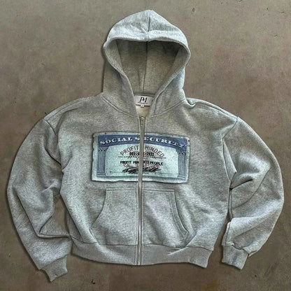 Retro Hip Hop Pattern Streetwear Zipper Hoodie Unisex Oversized Y2K Style Distressed TeenStylo