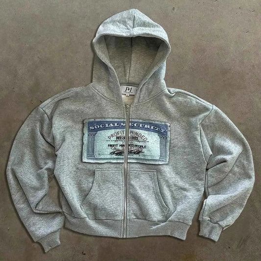Retro Hip Hop Pattern Streetwear Zipper Hoodie Unisex Oversized Y2K Style Distressed TeenStylo