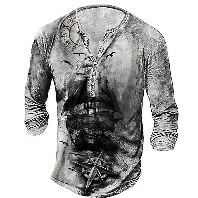 Vintage Men's Compass Graphic Long Sleeve Tee Oversized Streetwear 3D Print For Men