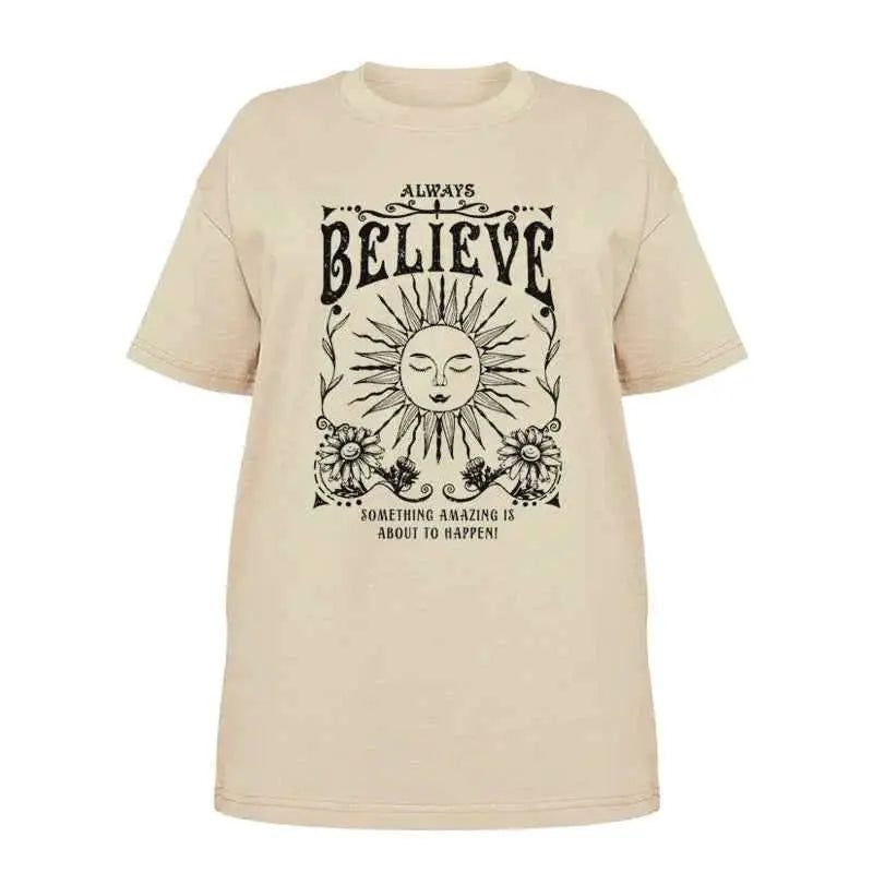 Vintage Witch Tee Shirt Always Believe Women Oversized Inspirational Retro Celestial Mystical T Shirts Hippie Boho Tops