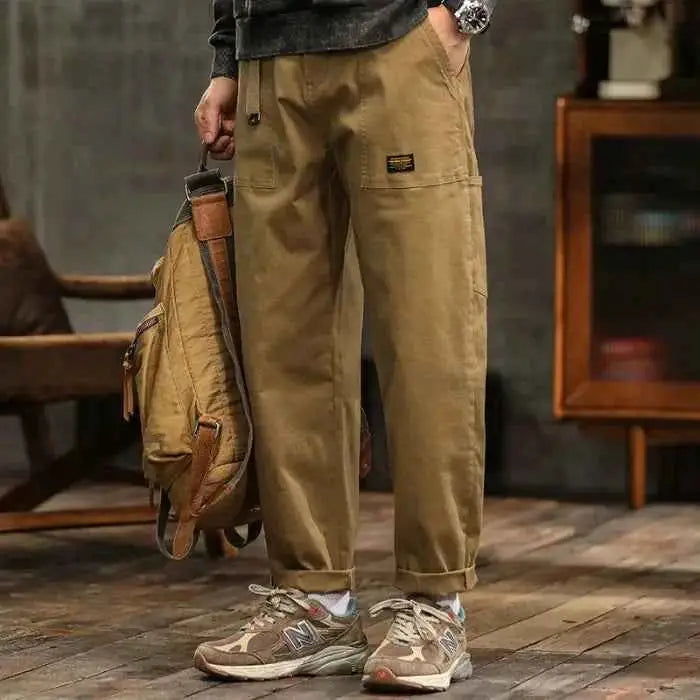 HIQOR Mens Loose Profile Cargo Pants High Waist Army Green American Vintage Trousers For Men
