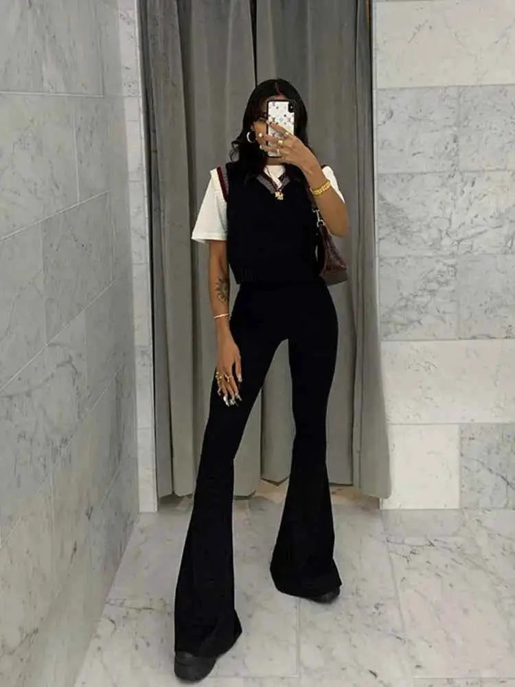 Solid Black High Waisted Slim Fitting Streetwear Flare Pants For Women Full Length Casual Trousers