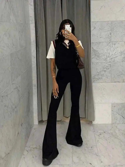 Solid Black High Waisted Slim Fitting Streetwear Flare Pants For Women Full Length Casual Trousers