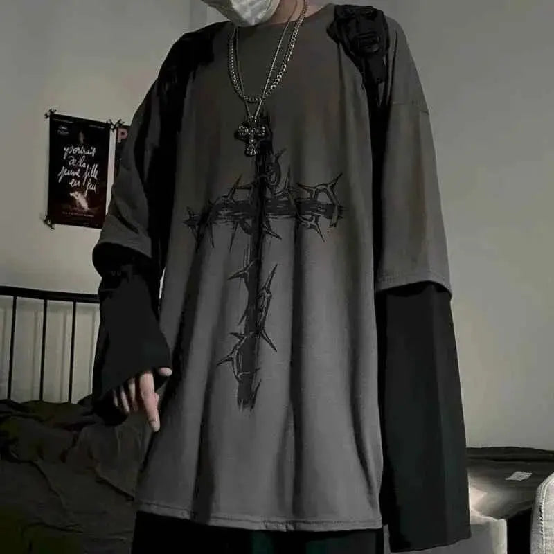 Y2K Vintage Men T Shirt Long Sleeve Oversized Harajuku Streetwear Cross Print Tee Autumn