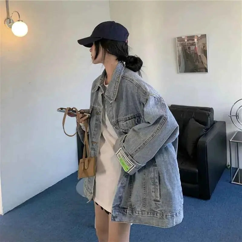 Oversized Denim Jacket for Women Korean Style Loose Fit Long Sleeve Button Down Jean Jacket 2026 New