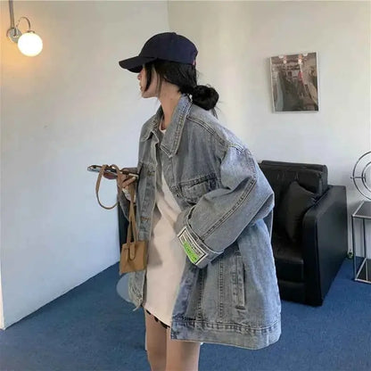 Oversized Denim Jacket for Women Korean Style Loose Fit Long Sleeve Button Down Jean Jacket 2026 New