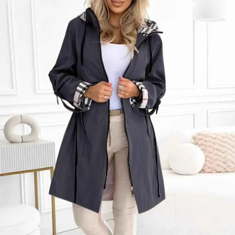 Autumn Winter Splicing Plaid Windbreaker Coat For Women Hooded Zipper Pocket Drawstring Waist Long Jacket