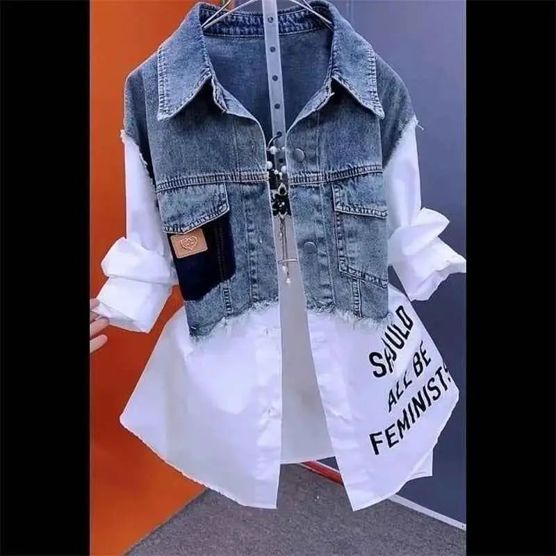 New Splicing Denim Jacket For Women Spring Autumn Korean Fashion Denim Shirt Ladies Tops Casual Jean Coat Windbreaker