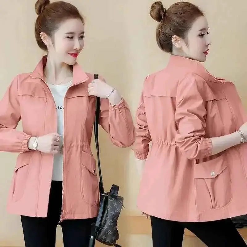 Women's Short Jacket Windbreaker Double Layer Autumn Casual Slim Fit Coat Stand Up Collar Fashion Ladies Outerwear